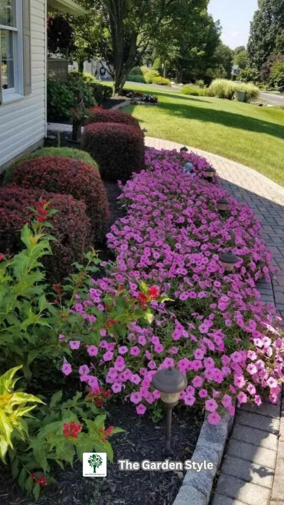 pathway entrance home with hostas and impatiens 