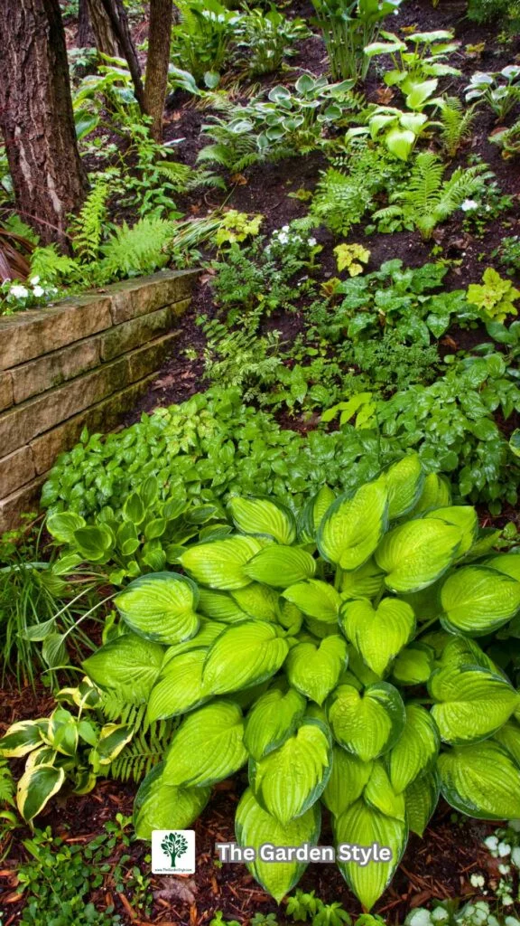 landscaping ideas for corner with variegated hostas