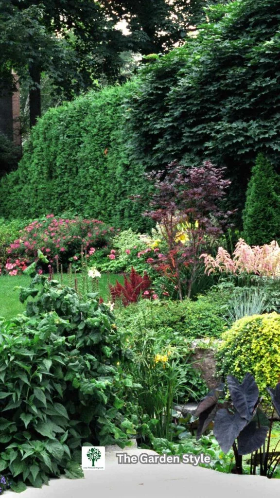 shade-loving perennials with hostas in a backyard