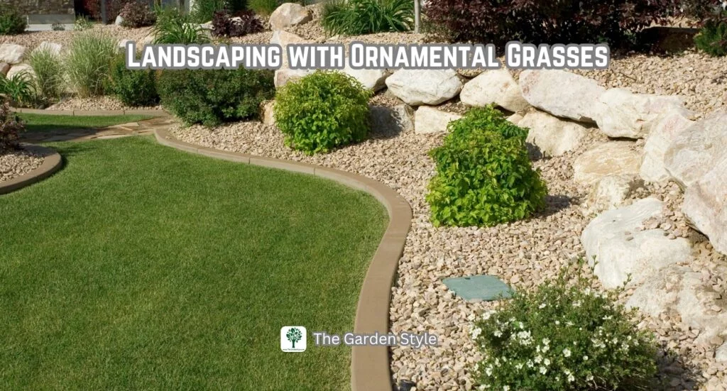 reducing lawn surface with river rocks and ornamental grass