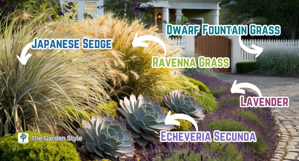 border landscaping with ornamental grasses, succulent plants and lavender