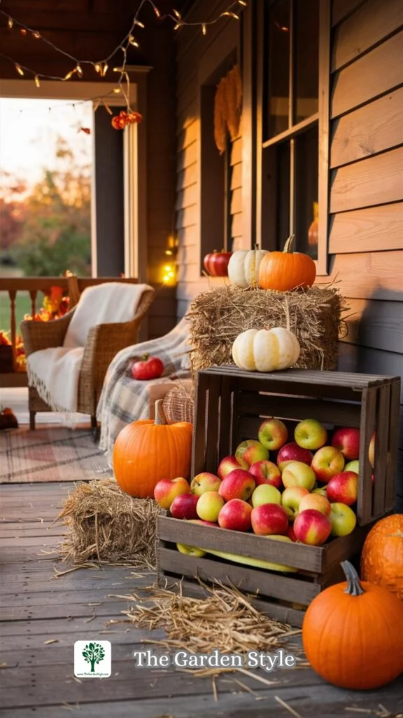 apple crates, fairy lights and pumpkins for fall porch decor ideas on a budget