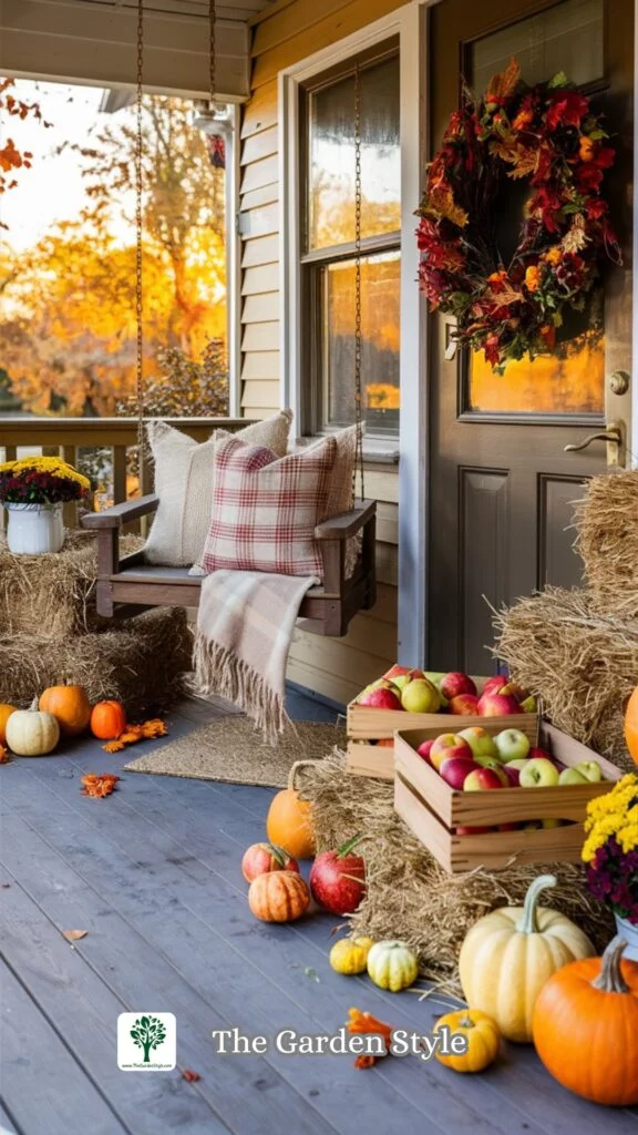 apple crates decorating a front porch