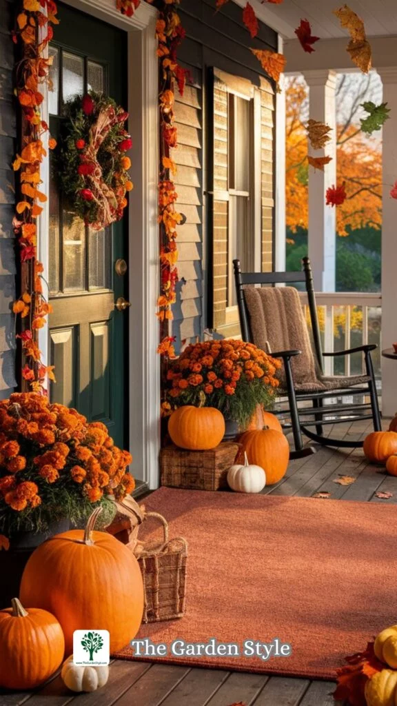 front porch decorated with mums, pumpkins and maple leaves