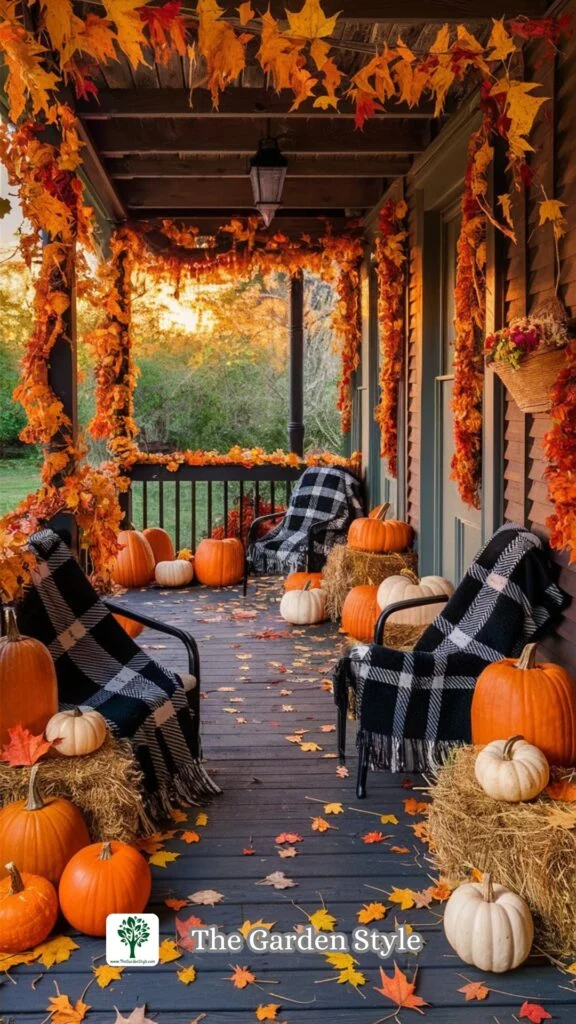 fall porch decor ideas on a budget with autumn garland, plaid blankets and pumpkins