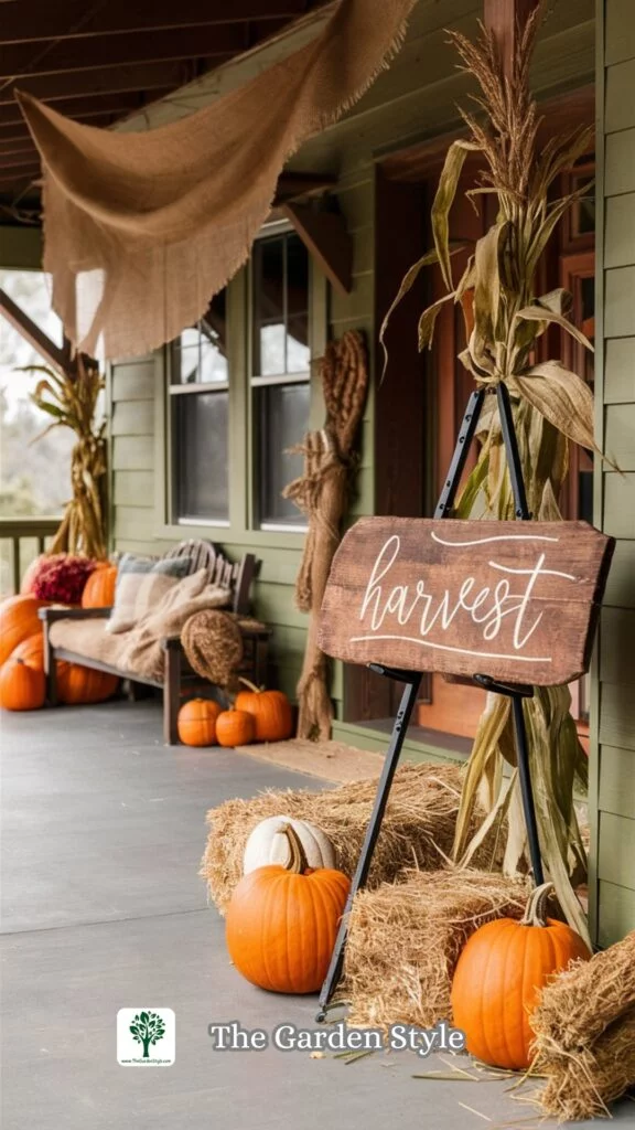 porch fall decorated with corn stalks and haverst sign