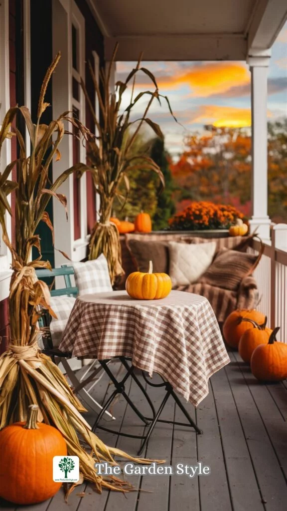 gingham tablecloth and corn stalks for fall decoration