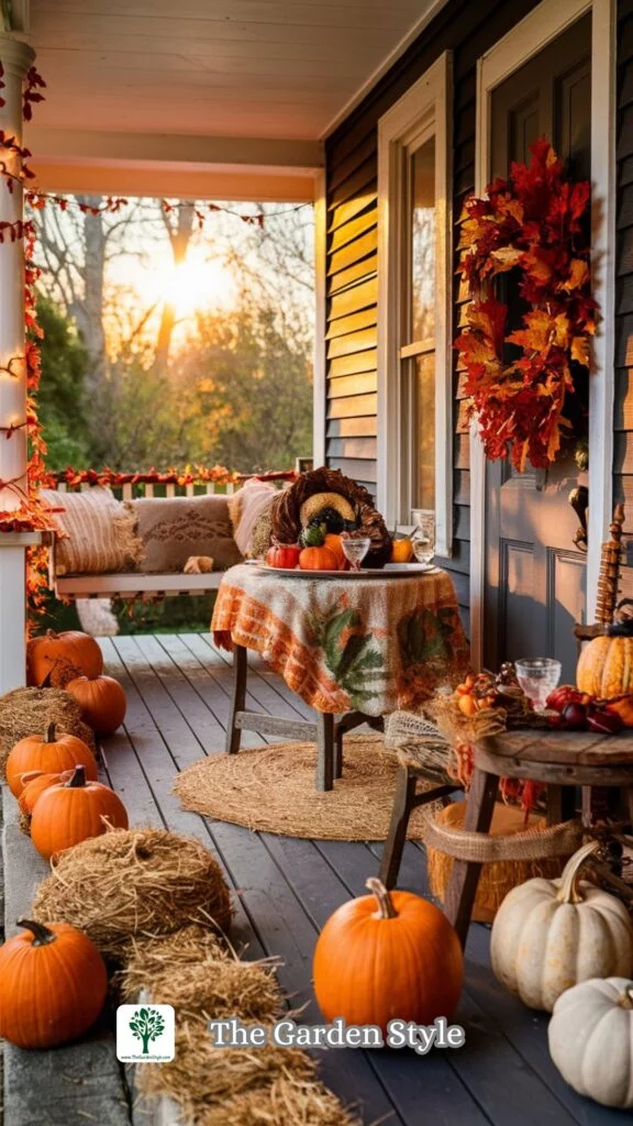 hay bales and pumpkins in a porch