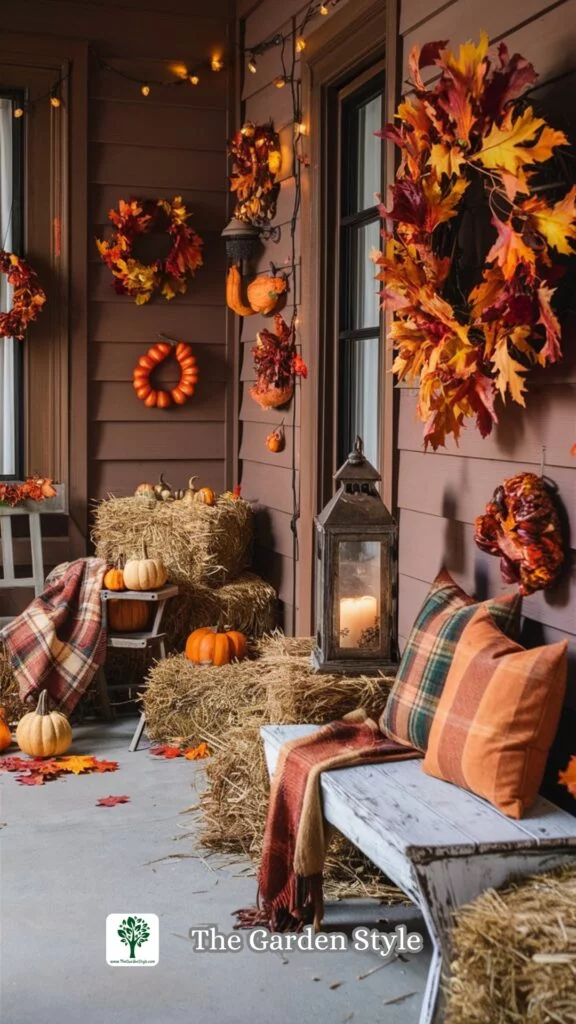 hey bales in a front porch for fall decor