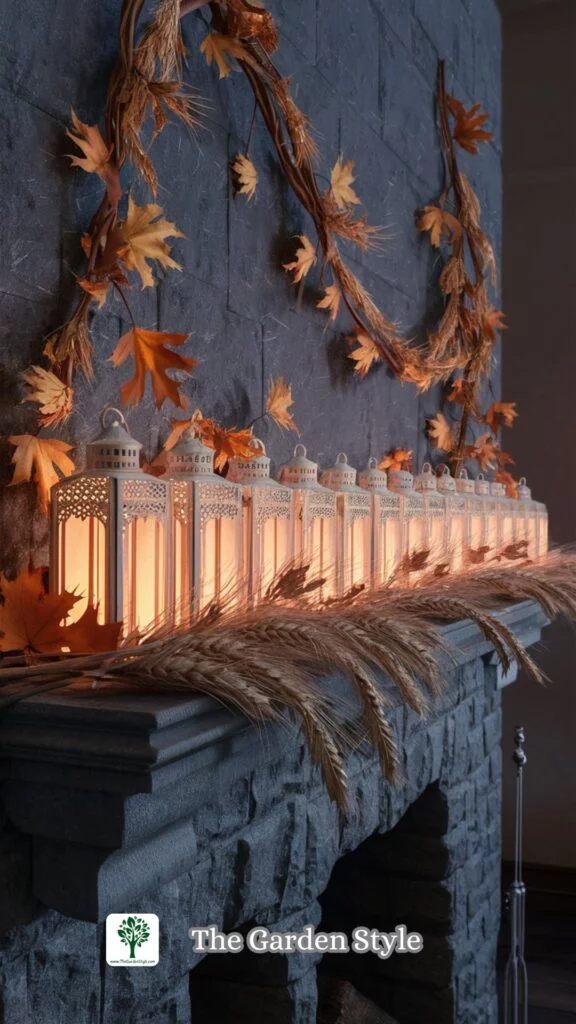 chimney decorated with lanterns and wheat stalks for fall decoration
