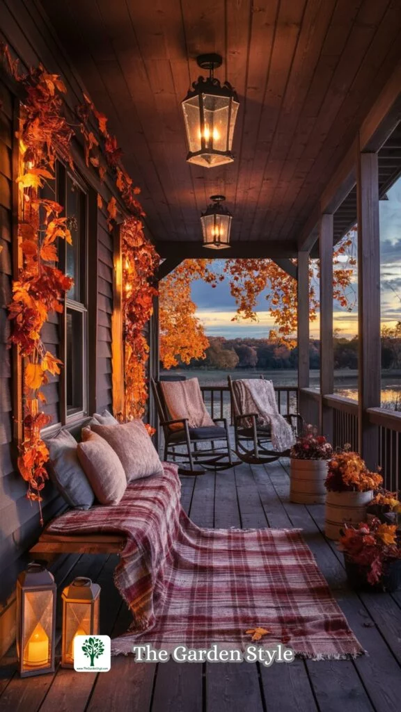 porch decorated with plaid blankets and autumn garland
