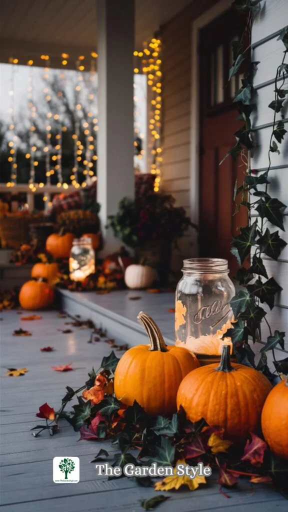 fall porch decor ideas on a budget with pumpkins and mason jars with candles