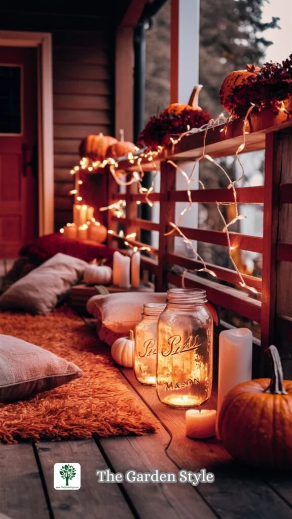 mason jars and string lights as fall decor ideas on a budget
