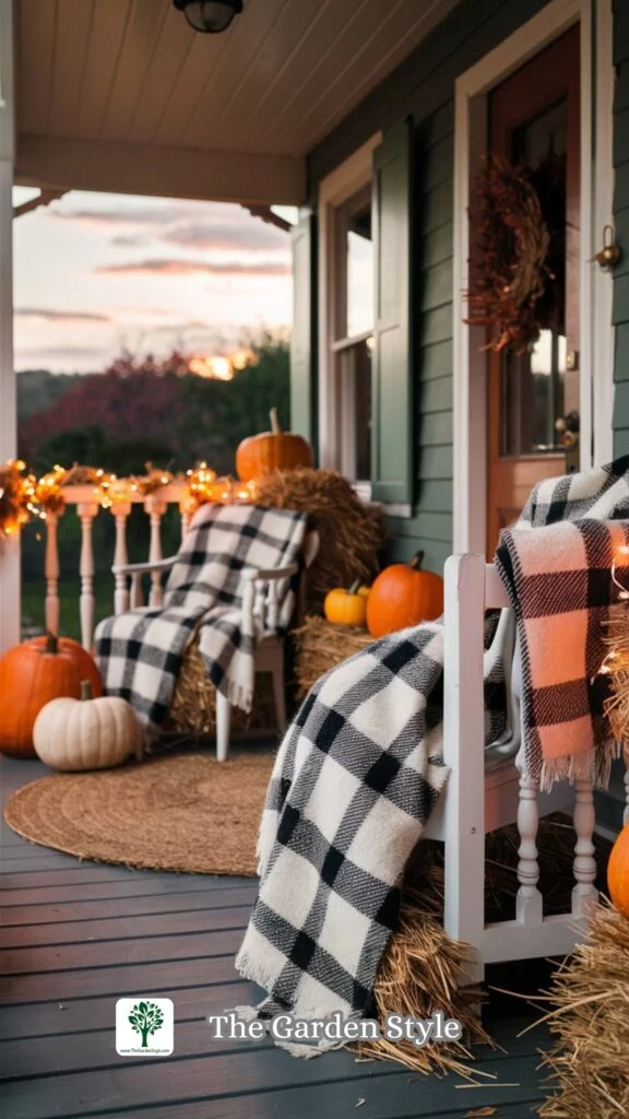 sitting porch with plaid blankets and pumpkins
