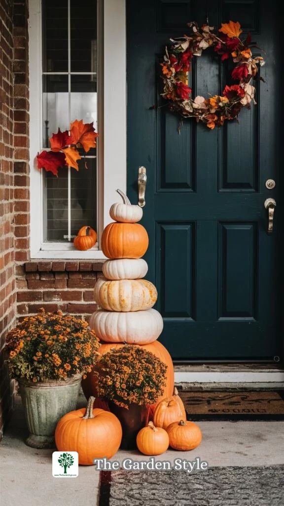 front door with pumpkins topiaries