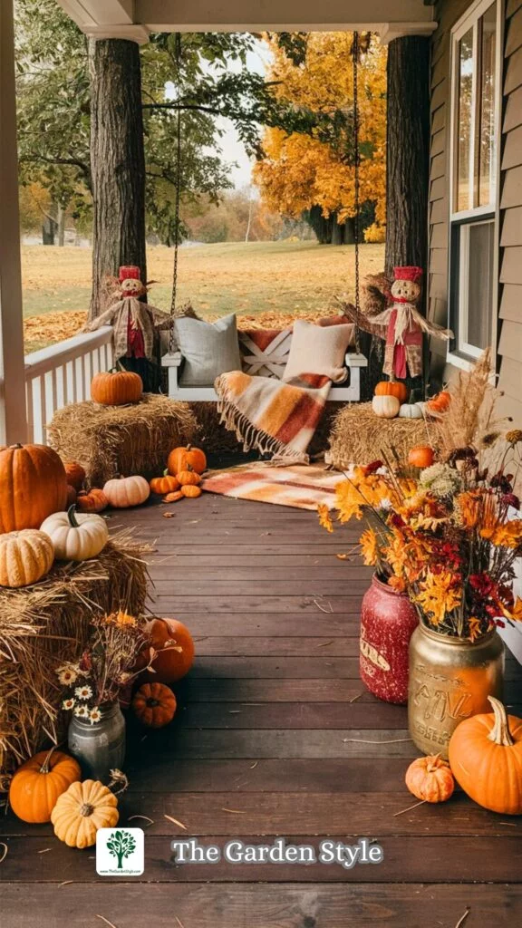 fall front porch decorated on a budget