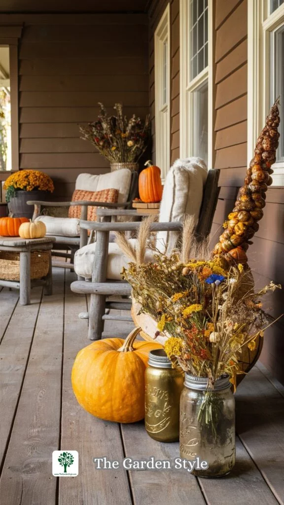 jars with dried flowers as fall porch decor ideas on a budget
