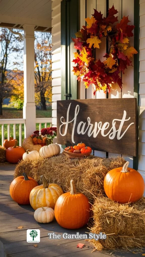 harvest sign, pumpkins and hay bales in a porch for fall decor
