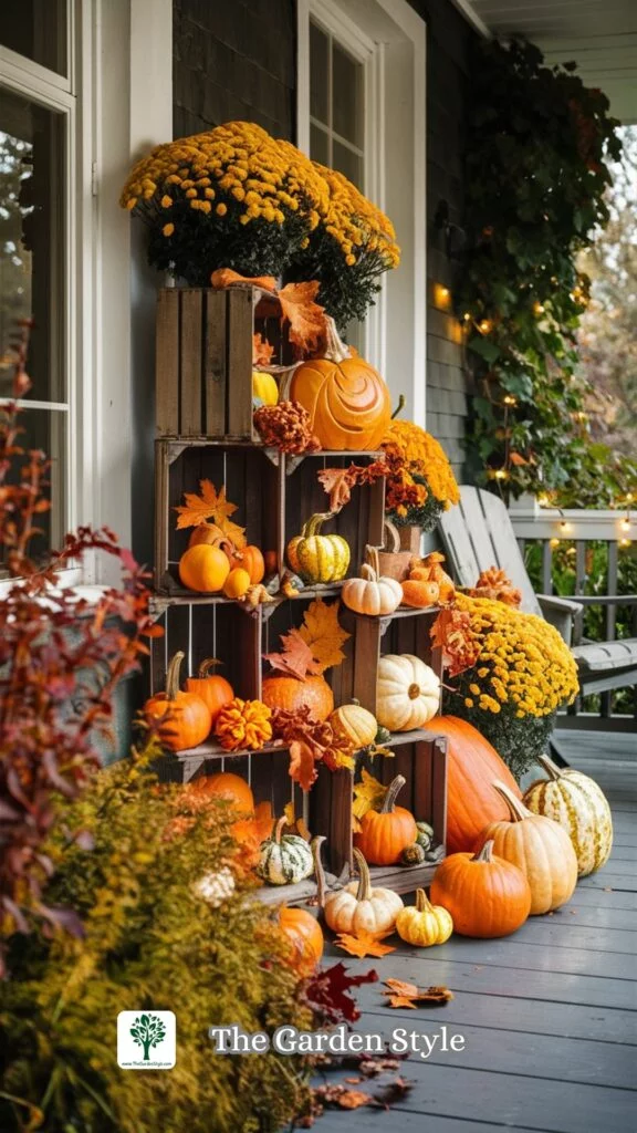 wooden crates with pumpkins and mums for fall decoration on a budget